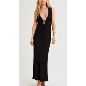 New Rumored Venice Dress V-Neck Lace Satin Black Slinky Silky Medium Maxi